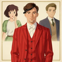 poster artwork by Michael Whelan, Bob Larkin and Tomer Hanuka, of a solo individual portrait of Channing Tatum wearing a 1920s red striped outfit, dapper, simple illustration, domestic, nostalgic, full of details, by Makoto Shinkai and thomas kinkade, Matte painting, trending on artstation and unreal engine