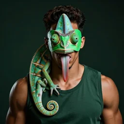 Portrait of an athletic and deeply tanned 25 years old man, with green chameleon eyes and a very long reptilian tongue, wearing a green domino mask and wearing a dark green shirt
