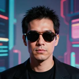 color film still of portrait of max headroom wearing sunglasses, abstract 3 d background, cyberpunk, octane, craig mullins,