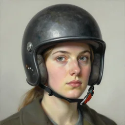Portrait of a woman with helmet,  very coherent, painted by Edward Hopper, Wayne Barlowe, painted by James Gilleard, airbrush,  art by JamesJean and  fine details. Anime. realistic shaded lighting poster by  Ilya Kuvshinov katsuhiro otomo ghost-in-the-shell, magali villeneuve, artgerm, Jeremy Lipkin and Michael Garmash and Rob Rey