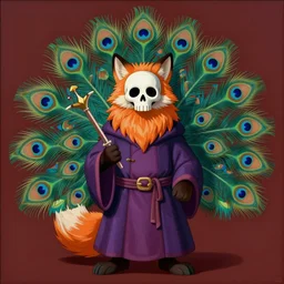fox furby character, long fluffy fur, skull face mask, mage clothes based on a peacock, 9 peacock tails, painting by genndy tartakovsky, stylized, vhs, 8 0 s, dnd beyond, chromatic aberration, fae,