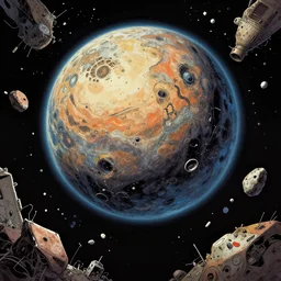 very detailed, prophet graphic novel, ilya kuvshinov, mcbess, rutkowski, simon roy, illustration of a space junk floating in space around a dead planet, wide shot, colorful, deep shadows, astrophotography