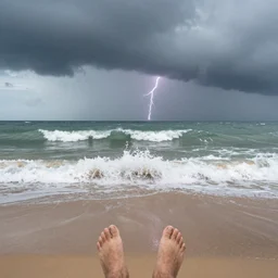first person view of breaking waves on the shore, summer, during a thunderstorm, raining, heavy rain, 🌧️, ⛈️,⚡, sea breeze rises in the air, by andreas rocha and john howe, and Martin Johnson Heade, featured on artstation, featured on behance, golden ratio, ultrawide angle, f32, well composed