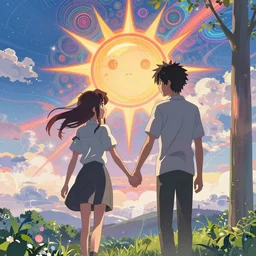a man and a woman holding hands under a beautiful sun drawn like the anime Your Name anime, intricate, psychedelic,