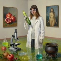 painting of a tall emo girl holding a courgette in a flooded art gallery, paintings on the wall, pomegranates, microscope, beaker of lime green liquid, a flask of cyan liquid, bunsen burner, petri dish, lab coat, safety goggles, latex gloves, cauldron, zen, sensual, surrealist, by magritte and monet