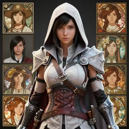 tifa lockhart in assassin's creed armor, wearing a hooded cloak, beautiful face!!!!, 2 7 years old, cg animation, realistic, character select portrait, by artgerm, greg rutkowski, alphonse mucha, 3 d