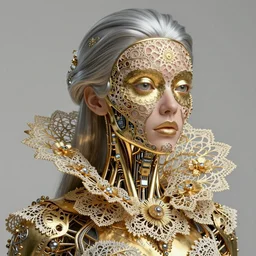 surreal golden photo portrait of complex biomechanical isabelledeltore cyborg with a mandelbrot fractal metal fine lace face, silver hair, 1 5 0 mm lens, soft rim light, fine metal floral foliage super big lace collar, alexander mcqueen, high fashion, haute couture, rococo, steampunk, silver filigree details, anatomical, facial muscles, cable wires, microchip, elegant, hyper realistic, octane render, unreal engine, by man ray and dora maar, volumetric lighting, 8 k,