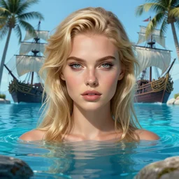 a portrait of a beautiful blonde girl with beautiful eyes and a detailed face in a magical blue lagoon, full body shot, sexy, pirate ships, clear water, palm trees, digital illustration, art by greg rutkowski, intricate, elegant, smooth, amazing detail, concept art, sharp focus, cinematic lighting, fantasy, epic