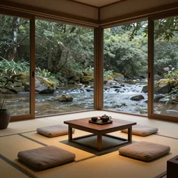 relaxing room, living room, tea room, near a stream, river outside, tatami mats, dynamic lighting, glass windows, water, hyper realistic, octane 8 k