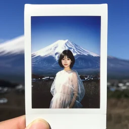 a instax photo of a petite japanese girl in a transparent sheer fabric dress on the fuji mountain, snow, hyperrealistic, hyperdetailed, octane render, 8 k