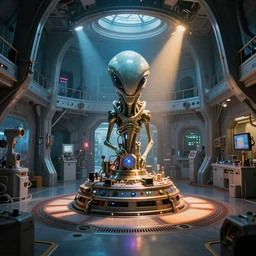 interior of alien laboratory with strange device at the center of a room, bright colors, photo