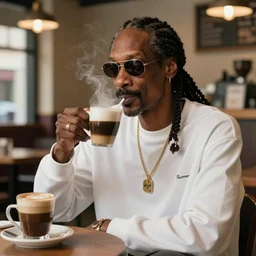 Snoop Dogg chilling in a coffee shop sipping on his hot steaming coffee, hyperdetailed, artstation, cgsociety, 8k