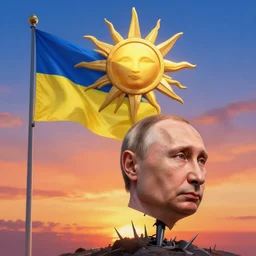 the rise of ukrainian sun, ukrainian flag on the sunset colors dead putin head on a spike, detailed, volumetric light, sharp focus, highly detailed, by goro fujita ilustration artstation