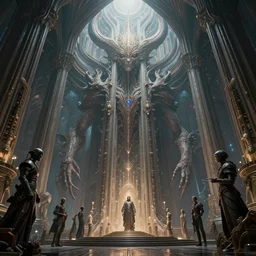 demonic but holy epic gigantic symmetrical inside of a cathedral psychedelic church of alien god, cyberpunk concept art by pete mohrbacher and guweiz and wlop and artgerm and josan gonzalez and syd mead, digital art, highly detailed, intricate, sci - fi, sharp focus, trending on artstation hq, deviantart, unreal engine 5, 4 k uhd image