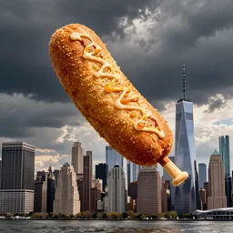 giant fried corndog attacking new york city skyline