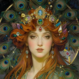 realistic detailed face portrait of an otherworldly fairy tale Peacock Goddess with colorful feathers and ornate jewels in her hair by Alphonse Mucha, Ayami Kojima, Amano, Charlie Bowater, Karol Bak, Greg Hildebrandt, Jean Delville, and Mark Brooks, Art Nouveau, Neo-Gothic, gothic, rich deep dark colors