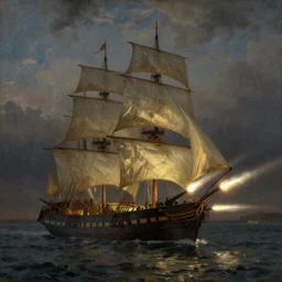 an extremely detailed masterpiece of the sailing vessel bonhomme richard with canons discharging in early evening, in the style of j. m. w turner, epic scene, extremely moody lighting, glowing light and shadow, atmospheric, shadowy, cinematic, 4 k
