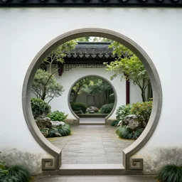 circular gate in a wall, leading to a garden. chinese architecture. fantasy. detailed. smooth. sharp focus. trending on arstation. artist greg rutkowski.