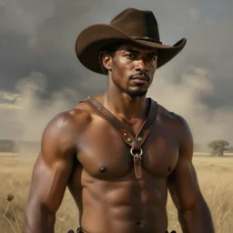 a beautiful dramatic epic painting of a handsome thick shirtless black man | he is wearing a leather harness and cowboy hat | prairie setting, dust clouds | homoerotic, highly detailed, dramatic lighting, detailed face | by Mark Maggiori, by William Herbert Dunton, by Charles Marion Russell | trending on artstation