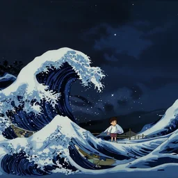 a very dull wide shot still from ponyo ( 2 0 0 8 ) of a tsunami in matsushima bay on a starry night. perfect art, grimdark, trending on pixiv fanbox, painted by studio ghibli