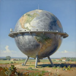 painting by greg rutkowski of a spherical spaceship in a rural landscape