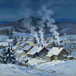 A beautiful landscape painting of a small village in the snow at night, smoke rising from the chimneys,  by Alfons Maria Mucha and Julie Dillon and Makoto Shinkai