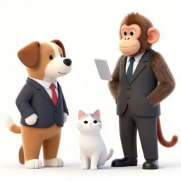Dog, cat and monkey in suits having business talk.
