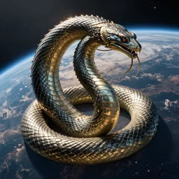 the great cyborg serpent leviathan hyperrrealistic curling around the planet syd mead caravaggio dramatic lighting
