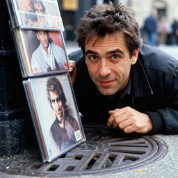 close up portrait of a sneaky man selling dvds from under a manhole cover in a new york street, photograph, natural light, sharp, detailed face, magazine, press, photo, steve mccurry, david lazar, canon, nikon, focus