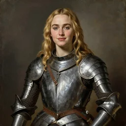 emilia clarke, seductive pose, blonde hair, wearing medieval armour, smirk, portrait, oil painting by titian, hard focus