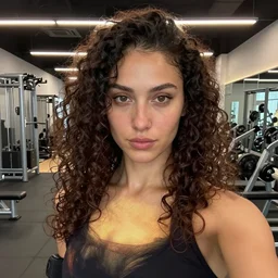 female influencer face in gym instagram selfie photo staring at camera with curly hair mona lisa face in gym # gym # photography # beauty
