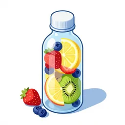 ( ( dither ) ), editorial illustration strawberries blueberries sliced kiwi sliced lemon inside a clear drinking bottle, isometric, modern art deco, ( ( mads berg ) ), christopher balaskas, victo ngai, detailed, dynamic composition, wide angle, matte print, unreal engine, film grain