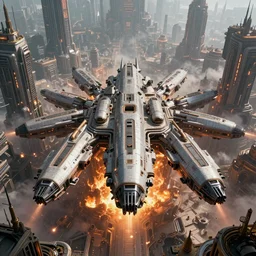 [six giant futuristic scifi-bombers] in the center, [a baroque cyberpunk city in the background], [explosions and fire], hypermaximalistic, high details, cinematic, 8k resolution, beautiful detailed, insanely intricate details, artstation trending, octane render, unreal engine