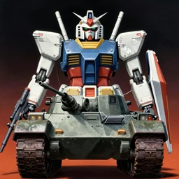 genetic mix of armored tank and nuclear gundam mecha, front, dark, grainy, saturated, poster art, 1 9 8 7, by drew struzan