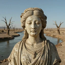close-up of a crying ancient dried up goddess, peaceful, facing the camera and standing in front of a dried up river in a desolate land, dead trees, blue sky, hot and sunny, highly-detailed, elegant, dramatic lighting, artstation, 4k, cinematic landscape, photograph by Elisabeth Gadd