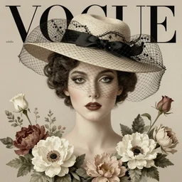 a head, neutral palette, it is wearing a hat and a veil, there are flowers all around it, vogue cover style, greg rutkowski style