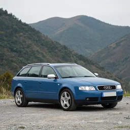 Denim Audi A4 B6 Avant (2002) on a mountain, wide shot