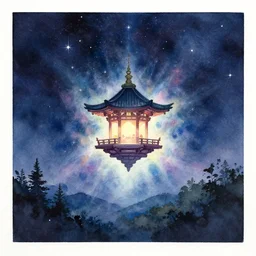 centered on watercolor paper, paint brush strokes, watercolor painting of a hovering miniature shrine, radiating, enchanted, iridescent and ethereal, in a starry night landscape, perspective, oriental, cinematic light, in the style of noriyoshi ohrai