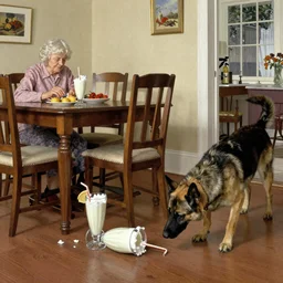 the milkshake fell down in grandmas dining room, a german sheperd looks on, the style of norman rockwell