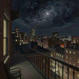 horrifying full color photorealistic painting of the view from a 1 9 2 5 hotel terrace balcony overlooking a warped view of downtown boston in 1 9 2 5 at night with a cosmic sky, dark, atmospheric, brooding, smooth, finely detailed, cinematic, epic, in the style of paul carrick