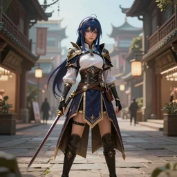 artistic scenery light ,procedurally generated, epic mage girl character posing for poster art, costume design from shopping mall, ancient city streets behind her, substance designer, PBR, HD, Ultra detailed, hyperrealistic, megascans, volumetric light, concept by master artist, made in paint tool SAI2, trending pixiv face