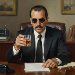 beautiful oil matte portrait painting : in the middle of the picture : mafia boss. holding a glass of whiskey. at 5 0 s new york office desk. wonderful masterpiece. highly detailed
