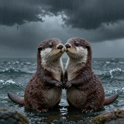 two adorable otters falling in love holding hands side by side huddled, all hiding together in the middle of a super scary storm at sea, fantasy illustration, cinematic, award winning, romantic, detailed trending on artstation, masterpiece
