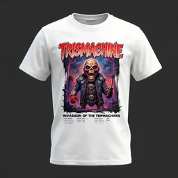 a band shirt, bandname is tripmachine, tourname is invasion of the tripmachines, realistic digital art, 3 d render of two huge futuristic steampunk generators inside a huge steampunk engine, 8 k, fluorescent colors, halluzinogenic, multicolored, exaggerated detailed, unreal engine