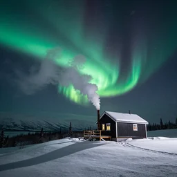 a cabin on a hill, snowstorm, winter, smoke rising from the pipe, aurora borealis, alaska, by alex andreev, landscape, high contrast, digital, complementary colors