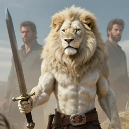 commission of a male anthropomorphic albino lion holding a sword,digital art,art by greg rutkowski,trevor henderson,ross tran,photorealistic,hyperdetailes,highly realistic,natural lighting,deviantart,artstation,dramatic,cinematic,4k,western comic style,synthwave