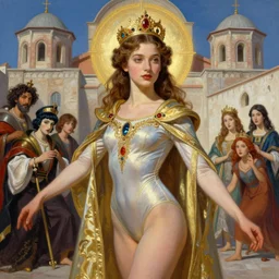 Worksafe, fully clothed. Painting of young, gentle and cute woman who is byzantinian princess, posing in leotard and tiara, at medieval Constantinople with orthodoxy aesthetics, by Frank Frazetta, Boris Vallejo, Larry Elmore, Julie Bell, Keith Parkinson, Salvador Dali, Hajime Sorayama, Ayami Kojima and lyde Caldwell, trending on ArtStation.