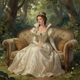 landscape shot of a highly detailed queen sitting by herself on a sofa in a forest, drawn by CloverWorks, elegant, beauty,