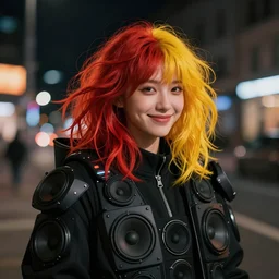young woman, cyberwear made out of music speakers, red and yellow hair, wild hairstyle, beautiful face, smirking, black red orange yellow, cozy mood, night, city, blurred background, depth of field, artstation, greg rutkowski, craig mullins, leyendecker