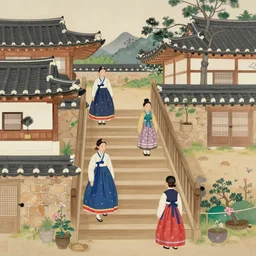 stairs in Style of korean traditional folktale painting by Shin Yun-bok; Sin Yun-bok ; 8k resolution